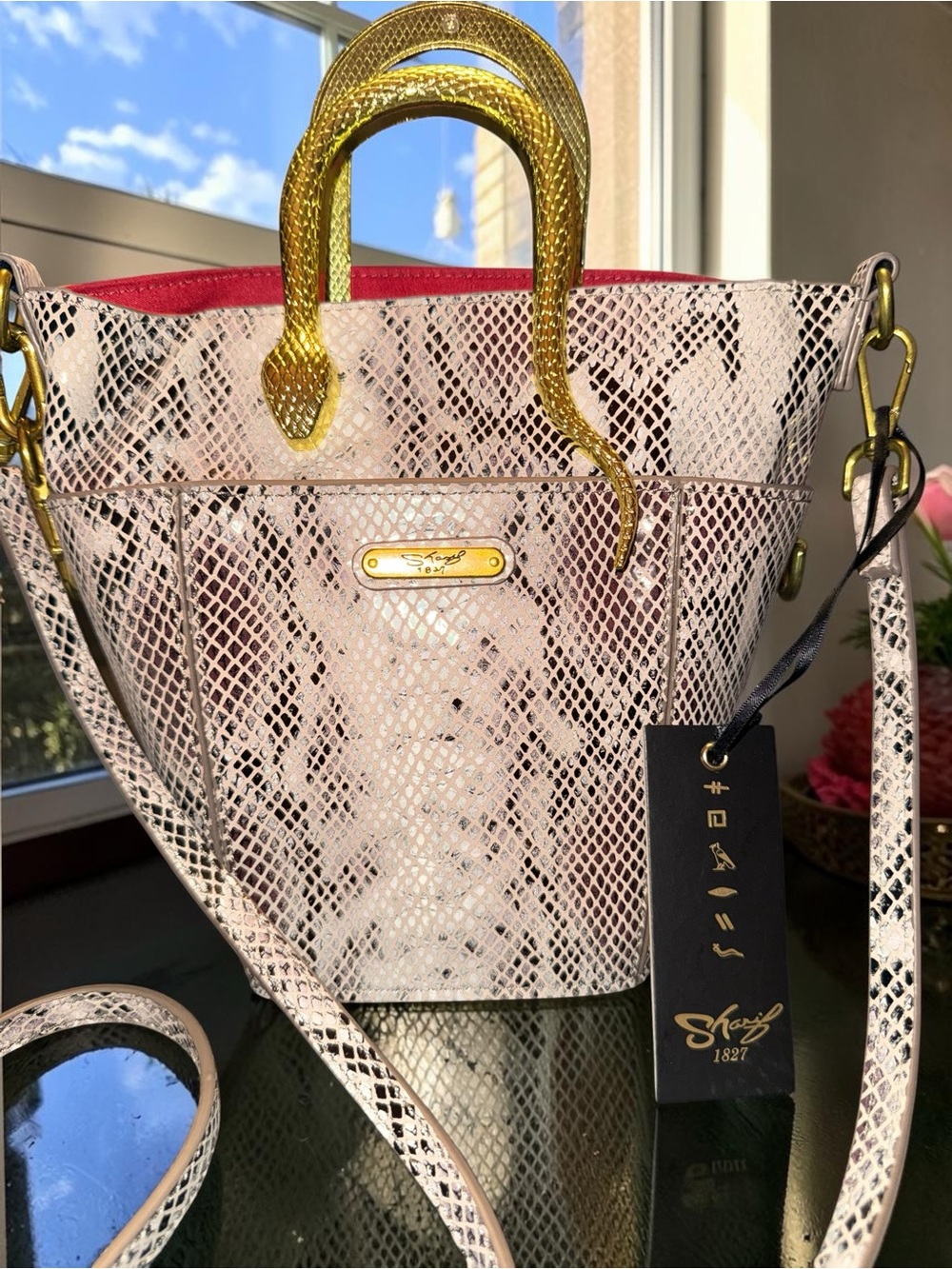Sharif Legacy Serpentine Python Leather Mini Tote Bag w Gold Snake Handle NWT